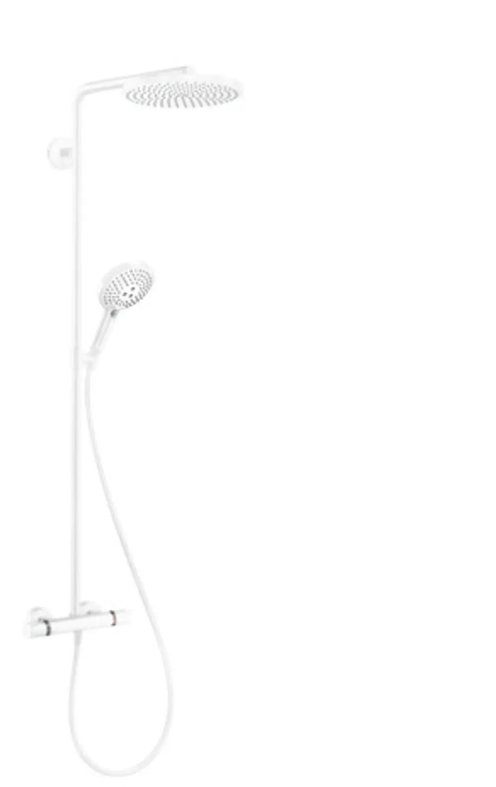 Weißes Duschsystem von Hansgrohe mit Kopf- und Handbrause, Thermostat, an Wand montiert, einfache, funktionale Gestaltung ohne Verzierung.